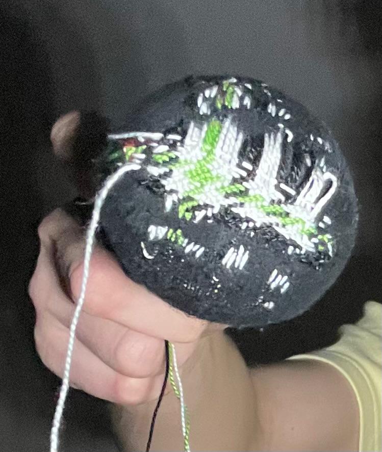 I got big feet with strong nails and cute socks I don't want to throw away. I picked up darning these holes starting with a wooden mushroom which is inside of the sock in this photo, but now I have a mini-loom to make things faster